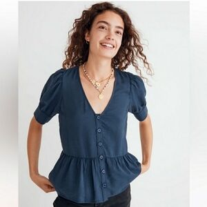 Blue Puff Sleeve Peplum Blouse